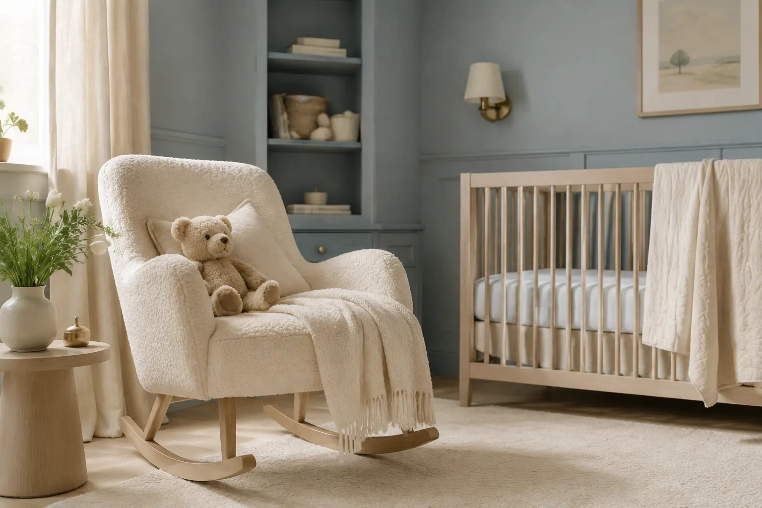 Elegant nursery with a rocking chair and teddy bear
