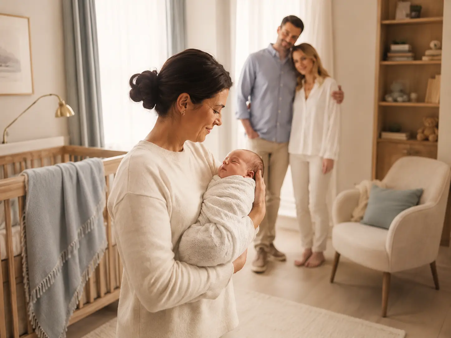 Professional private nanny gently holding a newborn in an elegant family nursery