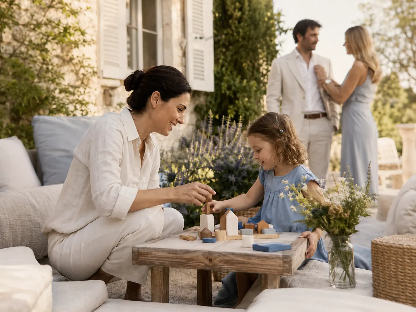 Temporary holiday nanny guiding a child through educational play at a private residence